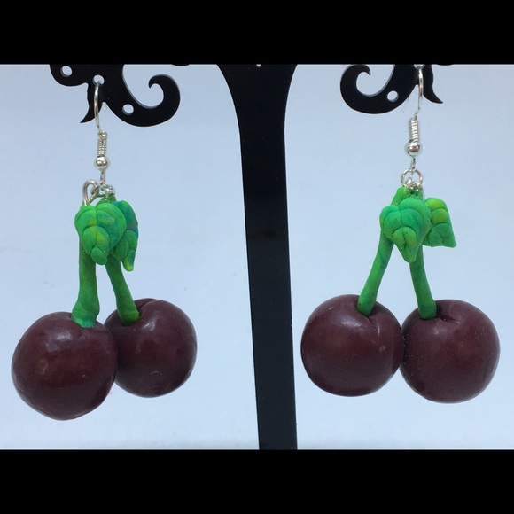 Unique Handmade Polymer Clay Cherry drop Earrings - Picture 2 of 4